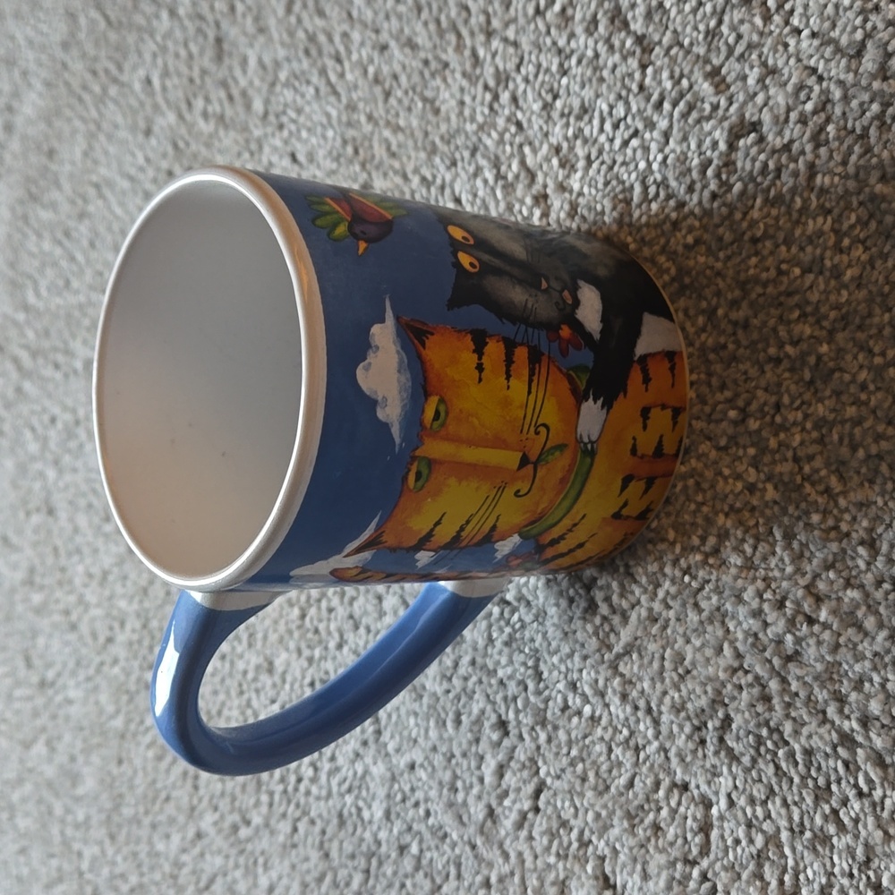 Debi Hron Gibson 4 Cats Kittens chasing bird Coffee Tea Cup Mug 4” 2014